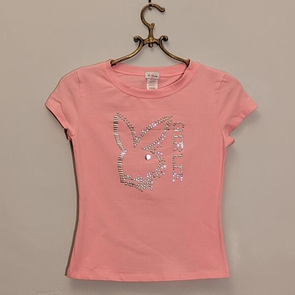 Y2K Baby Tee Pink Rhinestone Bunny Top - Vintage Playboy Inspired “Girlie” - Picture 1 of 5